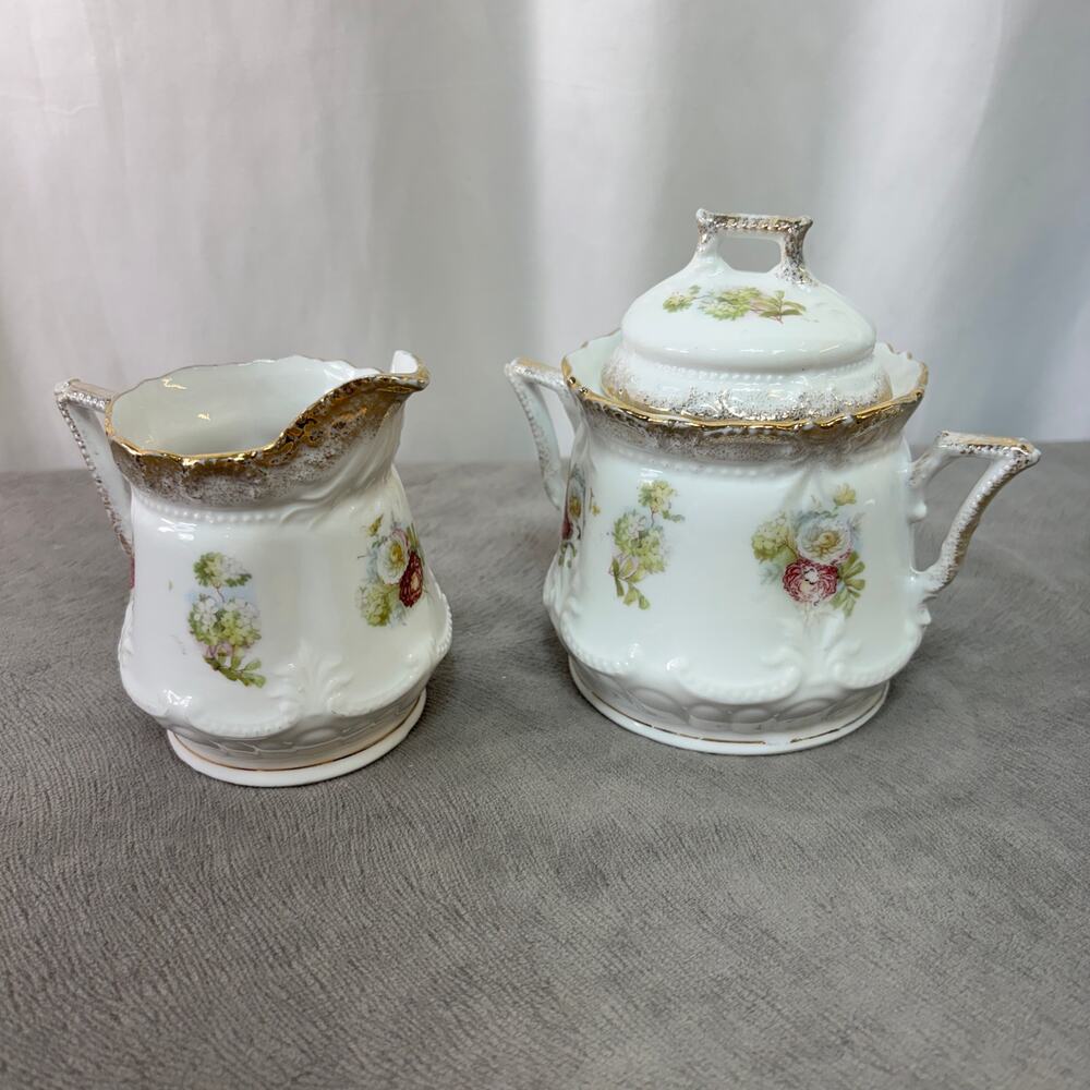 Sugar Bowl & Creamer Porcelain Lidded White Floral Gold Trim Large Unmarked